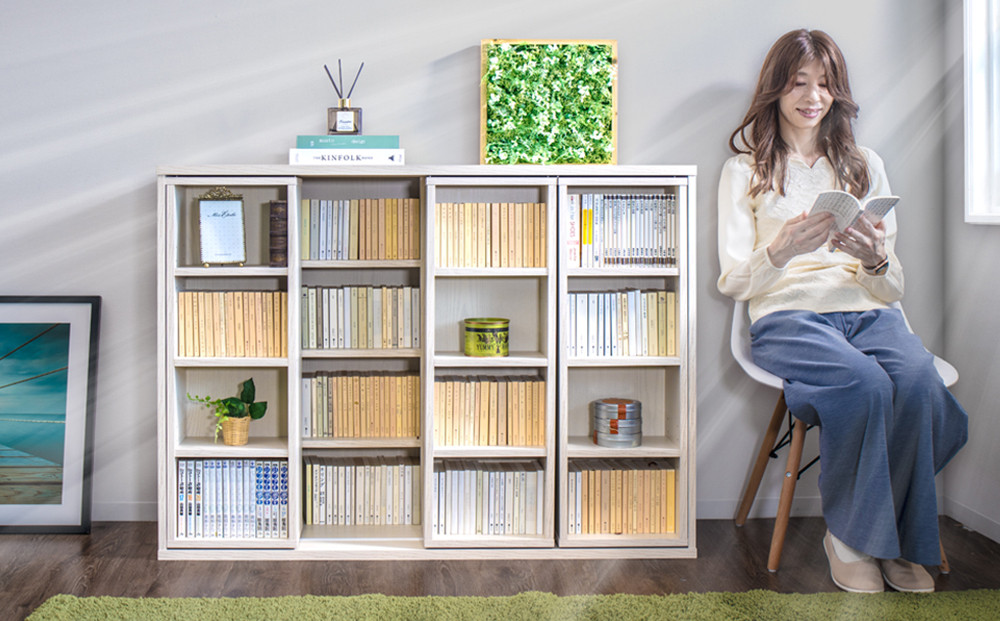 トリプル&nbsp;スライド本棚&nbsp;ホワイトオーク&nbsp;約幅120x奥行33.7x高さ92cm&nbsp;全段B6&nbsp;本棚&nbsp;書棚&nbsp;スライド&nbsp;3連&nbsp;3列&nbsp;大容量&nbsp;ロータイプ&nbsp;ワイド&nbsp;トリプルスライド&nbsp;aku100274003