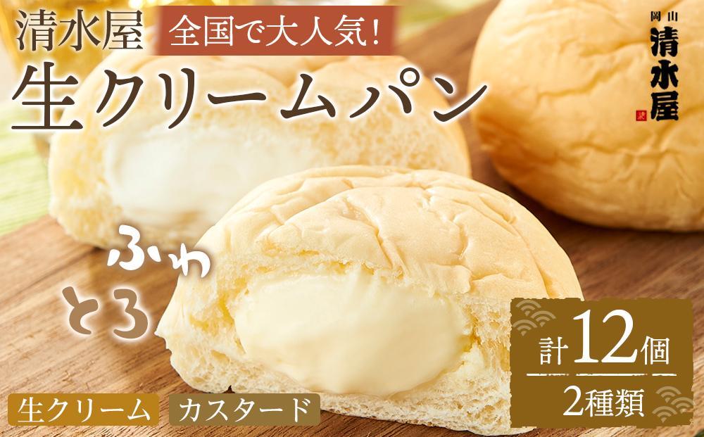 【定期便全６回】＜究極のふわとろ食感＞清水屋 生クリームパン 12個 2種（カスタード・生クリーム）