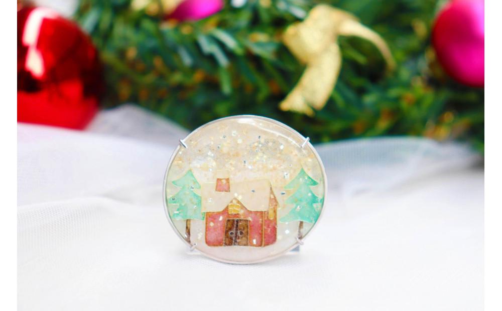 【冬限定】1点もの・スノードーム（赤い家）SVペンダント/ブローチ&nbsp;[ギフト包装付き]