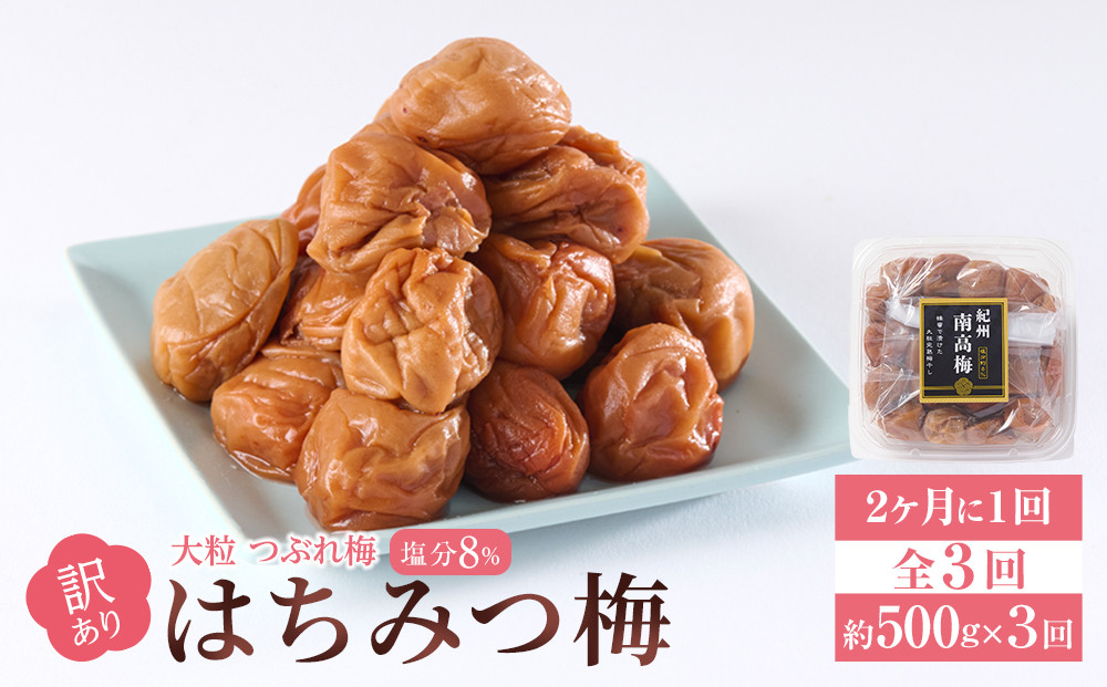訳あり&nbsp;梅干し&nbsp;大粒&nbsp;大玉&nbsp;つぶれ梅&nbsp;はちみつ梅&nbsp;約500g&nbsp;×&nbsp;3回&nbsp;塩分8％&nbsp;[&nbsp;定期便&nbsp;2か月に１回発送・全3回&nbsp;]