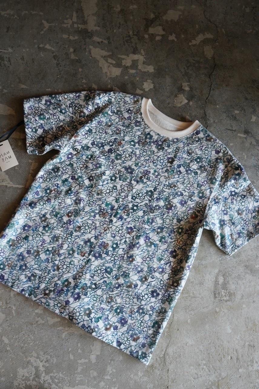 [HAM IAM]【数量限定】手差型染クルーネックTシャツ「小花ちらし」緑紫系【Lサイズ】