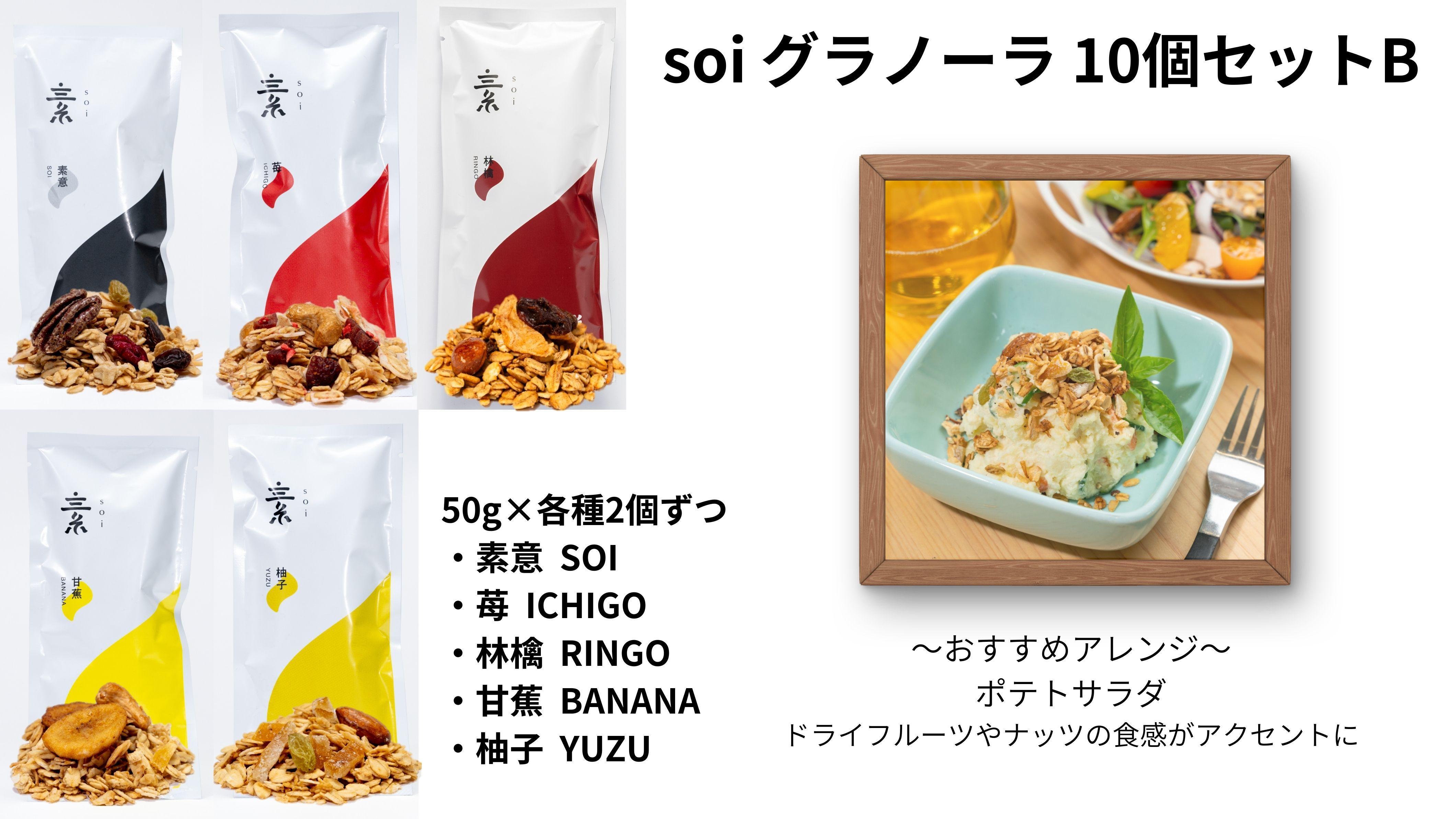 soi&nbsp;グラノーラ&nbsp;１０個&nbsp;Bセット&nbsp;(素意・苺・林檎・甘蕉・柚子&nbsp;/&nbsp;５０ｇ&nbsp;各種２個&nbsp;)