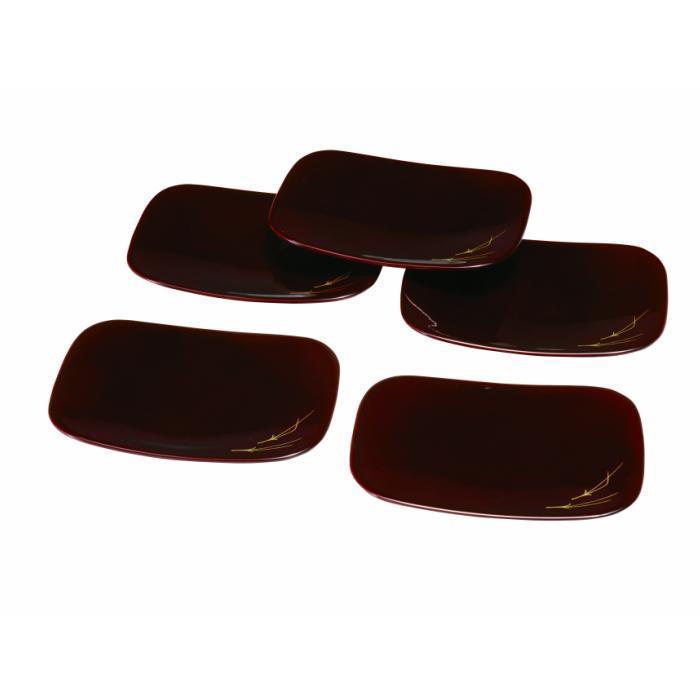 5.3寸&nbsp;長角銘々皿&nbsp;溜塗&nbsp;松葉&nbsp;(5枚組)【YG110】