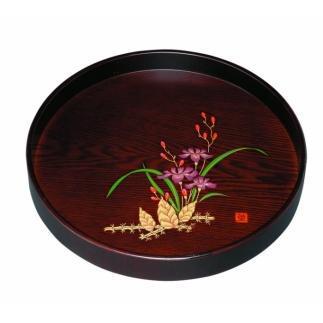 木製丸盆&nbsp;茶盆（深型）&nbsp;黒檀杢&nbsp;山路（金蒔絵・盛絵）【YG400】