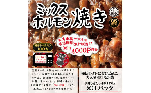 ＜チンするだけ！＞【秘伝のタレ漬け】国産牛ミックスホルモン焼き510ｇ（170ｇ×3パック）［鮮度を保つCAS冷凍］&nbsp;【&nbsp;大阪府&nbsp;門真市&nbsp;】