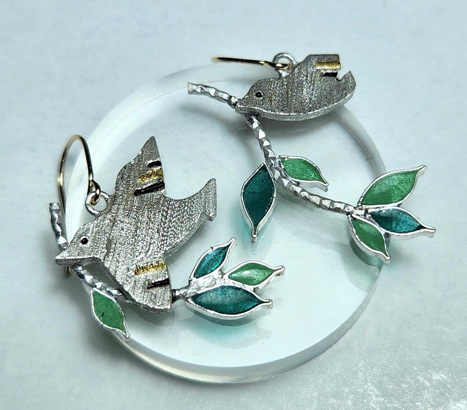 【加賀象嵌】純金象嵌プリカジュールエナメル・Ｋ10パーツピアス「ことり達」