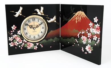 紀州漆器 屏風時計富士に桜（木製 カシュー漆塗） ［YS27］