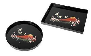 紀州漆器 長手盆 丸盆 2枚セット 富士に桜 (木製 カシュー漆塗り)［YS28］