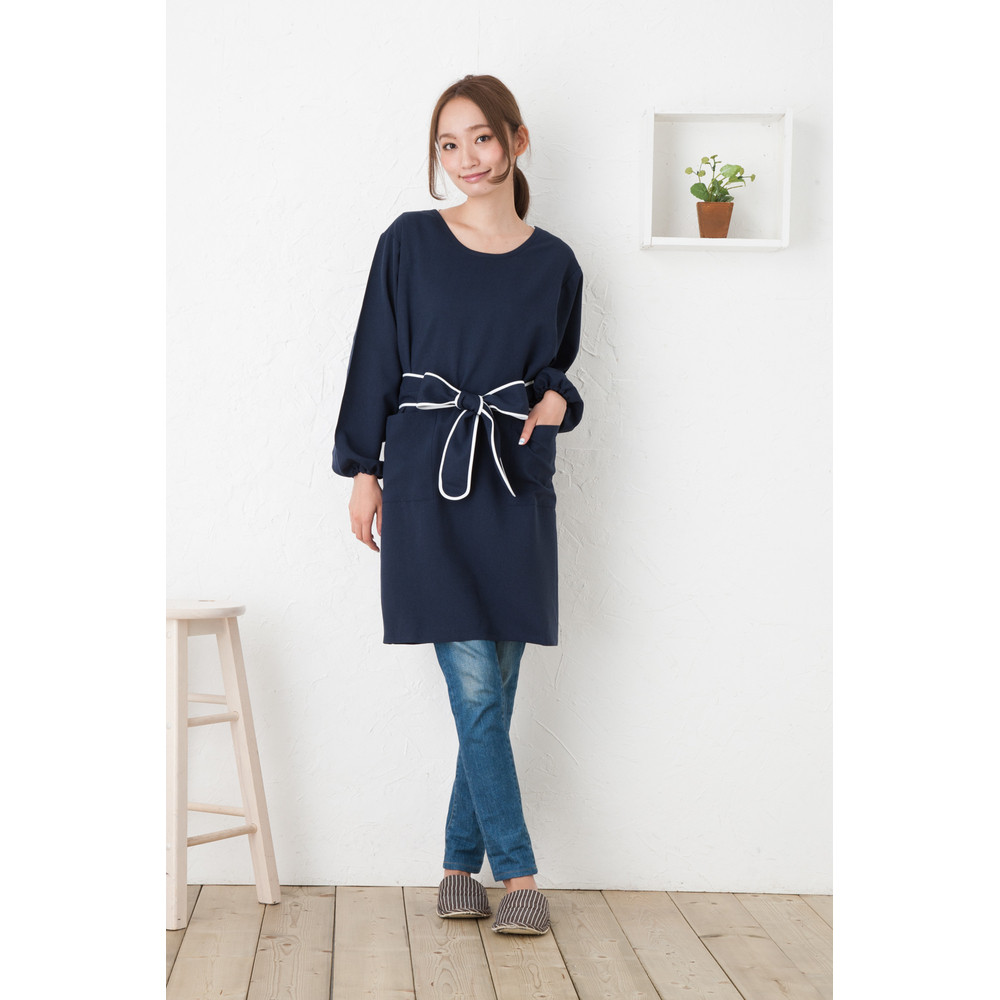 【ネイビー】丸襟パイピングリボン割烹着