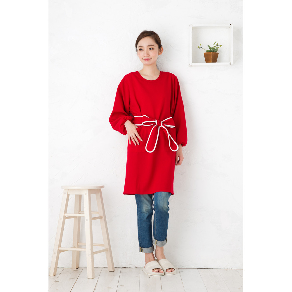 【レッド】丸襟パイピングリボン割烹着