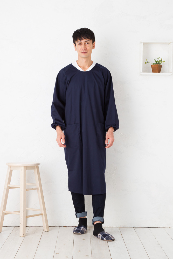 【ネイビー】ロング丈シンプルラグランメンズ割烹着