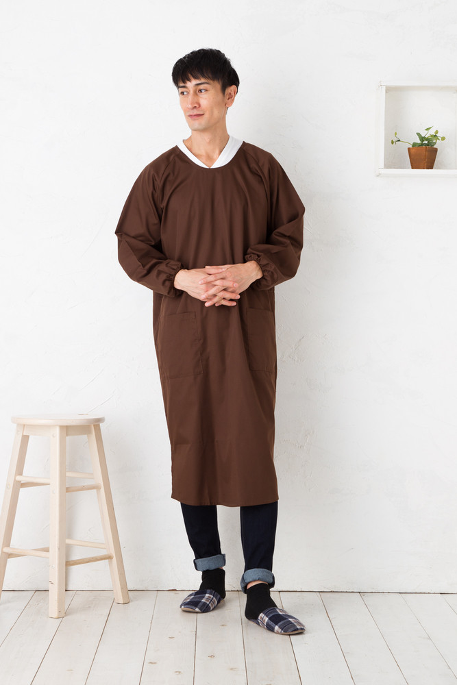 【ブラウン】ロング丈シンプルラグランメンズ割烹着