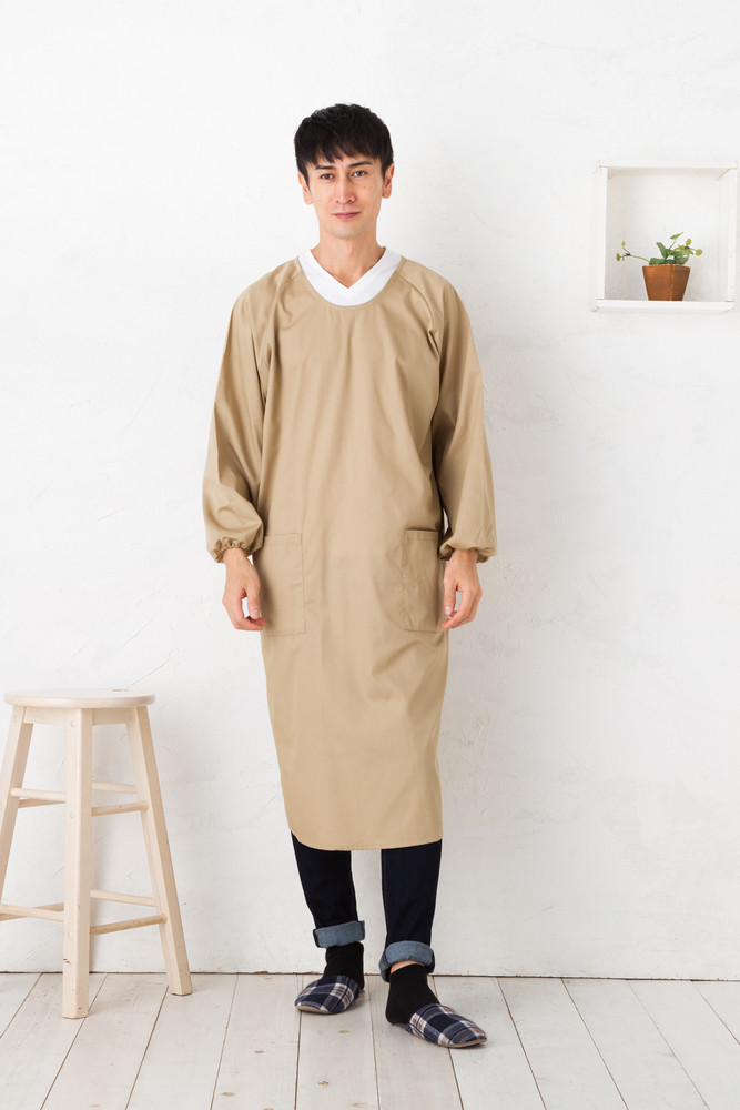 【ベージュ】ロング丈シンプルラグランメンズ割烹着