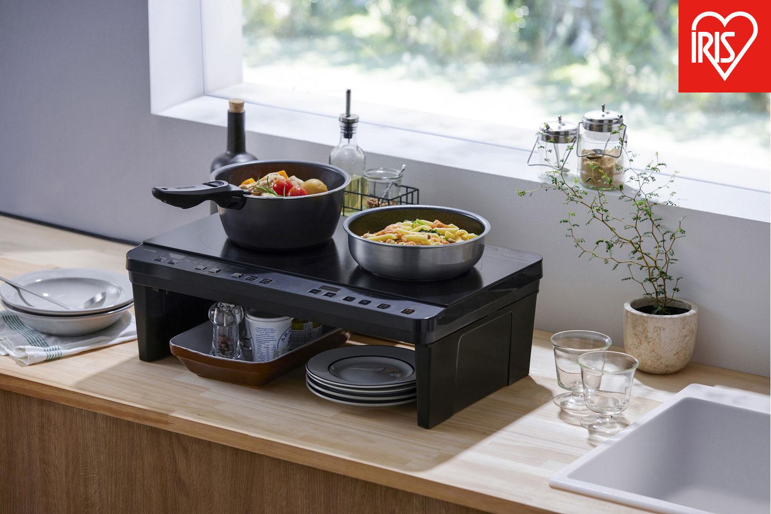 IHコンロ&nbsp;2口&nbsp;IHコンロスタンド付き&nbsp;1400W&nbsp;アイリスオーヤマ&nbsp;コンパクト設計&nbsp;火力6段階&nbsp;設置簡単&nbsp;工事不要&nbsp;経済的&nbsp;安全機能&nbsp;IHK-WT41S-B