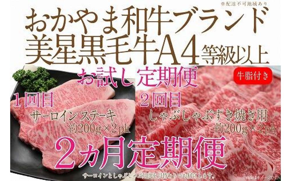 【定期便2か月】　岡山　黒毛和牛　美星牛　A４等級以上　牛脂付き　お試し定期便 合計約８００g（サーロイン約４００ｇしゃぶしゃぶすき焼き用約４００ｇ）生産者直送便  美星牧場　定期便