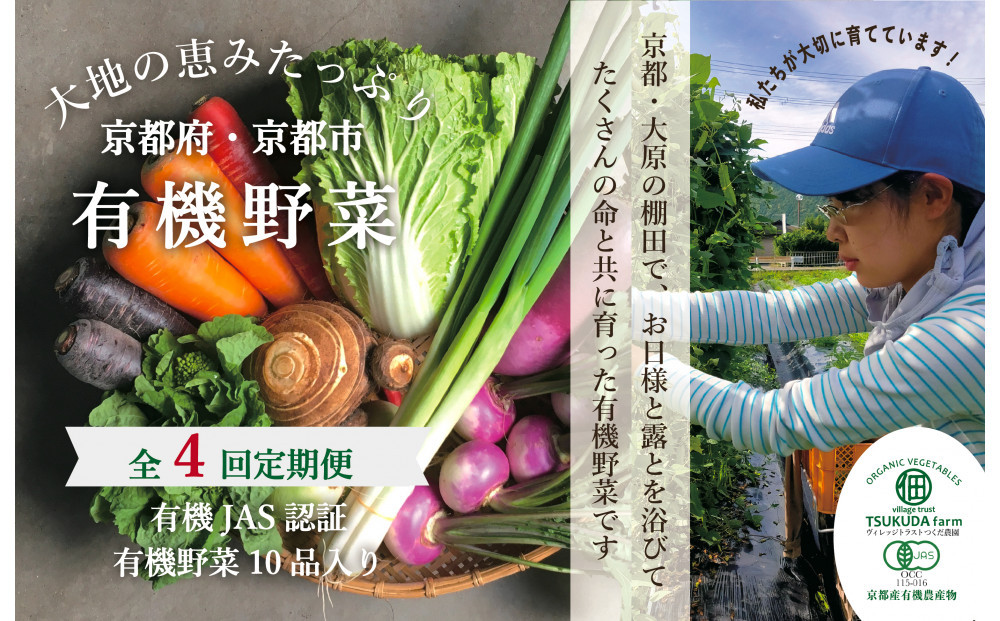 ◆全4回定期便◆【つくだ農園】《有機JAS認証 有機野菜10品入り》京都の棚田大原で心を込めて大切に露地栽培された大地の恵みたっぷりの有機野菜!［ 京都 有機野菜 定期便 セット 人気 おすすめ 有機栽培 おまかせ 詰め合わせ 産地直送 新鮮 ミシュラン お取り寄せ 通販 送料無料 ふるさと納税 ］