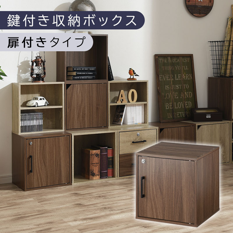 【完成品でお届け】鍵付き収納ボックス〔幅35cm・扉付きタイプ〕（ウォールナット）キューブボックス&nbsp;扉付き&nbsp;鍵付き&nbsp;カラーボックス&nbsp;収納ボックス&nbsp;引き出し&nbsp;LKANET300208-4-WAL