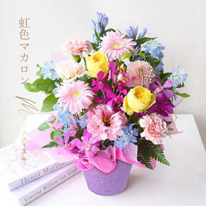 《敬老の日》フラワーアレンジメント 虹色マカロン＜出荷開始：9/8～9/15までのお届け 当店おまかせ＞【 花 お祝い お礼 贈り物 メッセージカード 祖母 祖父 ギフト プレゼント 送料無料 ふるさと納税 門真市】