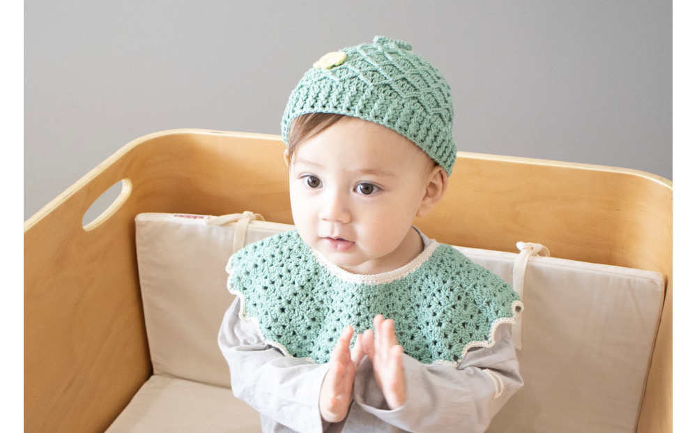 HOPPL（ホップル）手編みビブ＆キャップセット（メロン/サイズS）