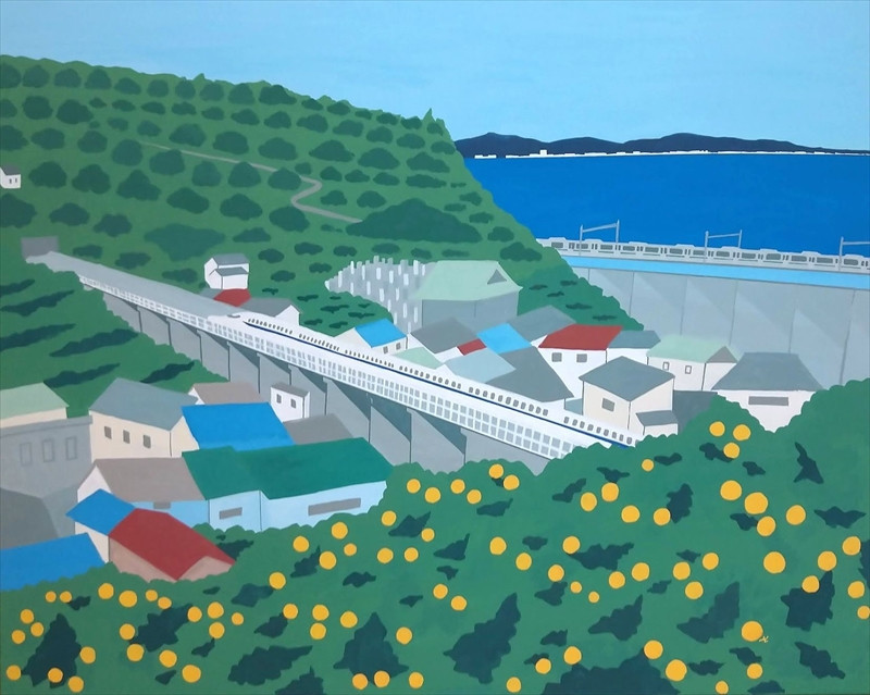 原画「石橋からの景色」【キャンパス原画&nbsp;キャンパス&nbsp;小田原&nbsp;石橋　風景&nbsp;みかん&nbsp;山&nbsp;相模湾&nbsp;新幹線&nbsp;803x1000x20mm&nbsp;絵画&nbsp;風景絵画&nbsp;アート作品&nbsp;屋内装飾&nbsp;神奈川県&nbsp;小田原市&nbsp;】