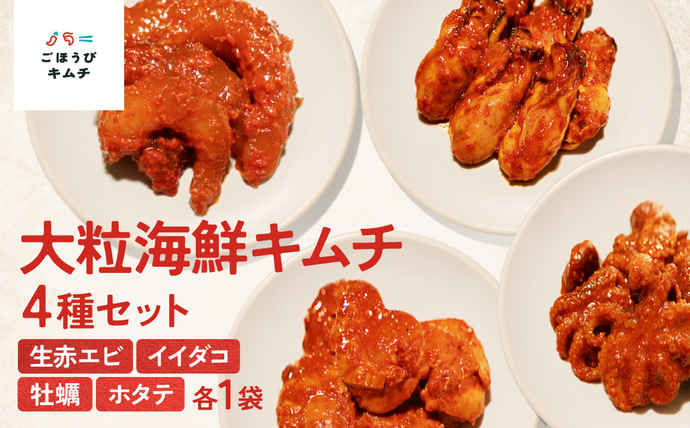 【ごほうびキムチ】大粒海鮮キムチ4種セット（生赤エビ・イイダコ・牡蠣・ホタテ&nbsp;各種1袋）【&nbsp;キムチ&nbsp;神奈川県&nbsp;小田原市&nbsp;】