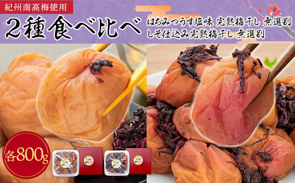 紀州南高梅使用 2種食べ比べ はちみつ うす塩味 完熟梅干し・しそ仕込み完熟梅干し 無選別 各約800g ［TM213］