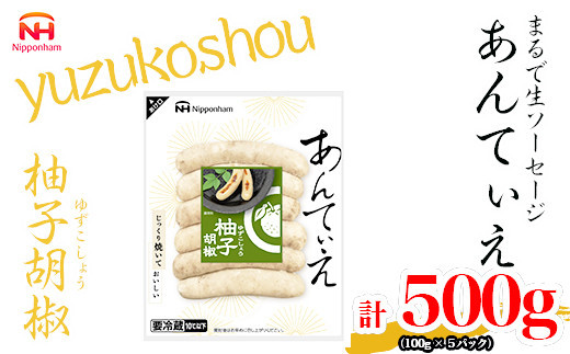 【ふるさと納税】無塩せき ウインナー あんてぃえ 柚子胡椒 100g x 5p 計500g 食品 無塩せきウインナー ソーセージ ゆず こしょう 国内製造 北海道 旭川 無塩せきソーセージ 発色剤不使用 日本ハム 小分け 定期便 パーティー お弁当 おつまみ 冷蔵 送料無料_05368