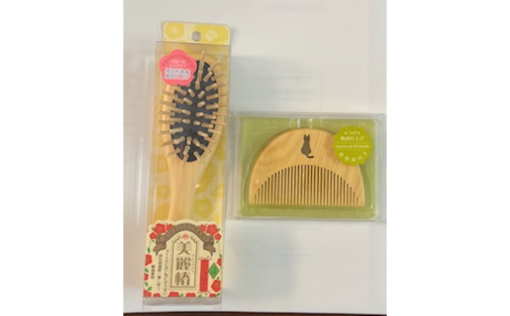 【セット】美麗椿クッションブラシ小＋つげのくし（ねこ）携帯袋付き