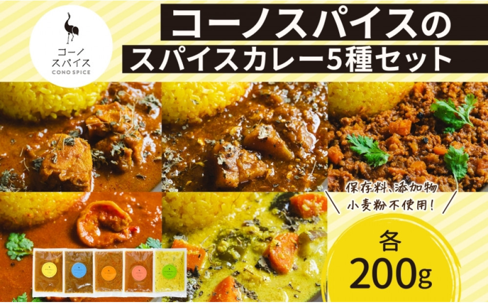 コーノスパイス&nbsp;スパイスカレー5種セット&nbsp;チキン&nbsp;サバと大根&nbsp;キーマ&nbsp;エビ&nbsp;ベジタブル&nbsp;各200gパック&nbsp;小麦粉不使用&nbsp;グルテンフリー&nbsp;CONO&nbsp;SPICE&nbsp;コーノコーラ&nbsp;愛知県&nbsp;名古屋市