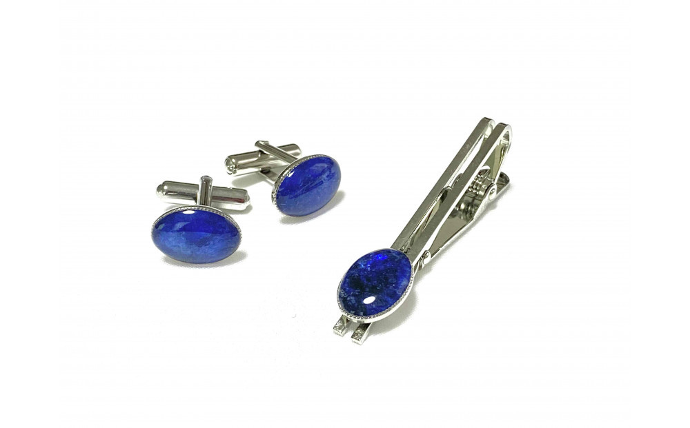 近江瑠璃細工「青の花しずく」タイピン＆カフスセット