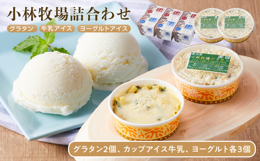 小林牧場グラタン2個、カップアイス牛乳、ヨーグルト各３個