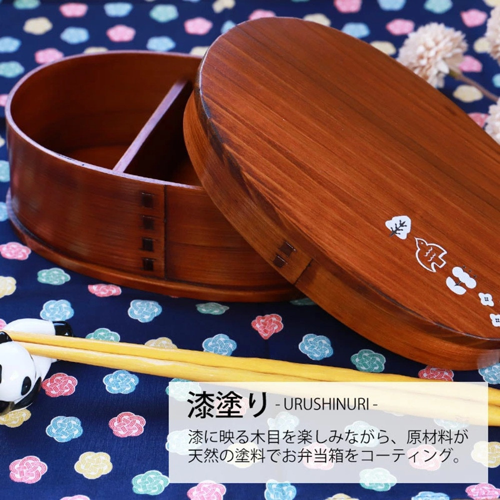 	みよし漆器本舗&nbsp;曲げわっぱ&nbsp;お弁当箱&nbsp;600ml&nbsp;約17.5×11.5×高さ6.5cm&nbsp;小判型&nbsp;一段&nbsp;小鳥&nbsp;花木&nbsp;漆塗り