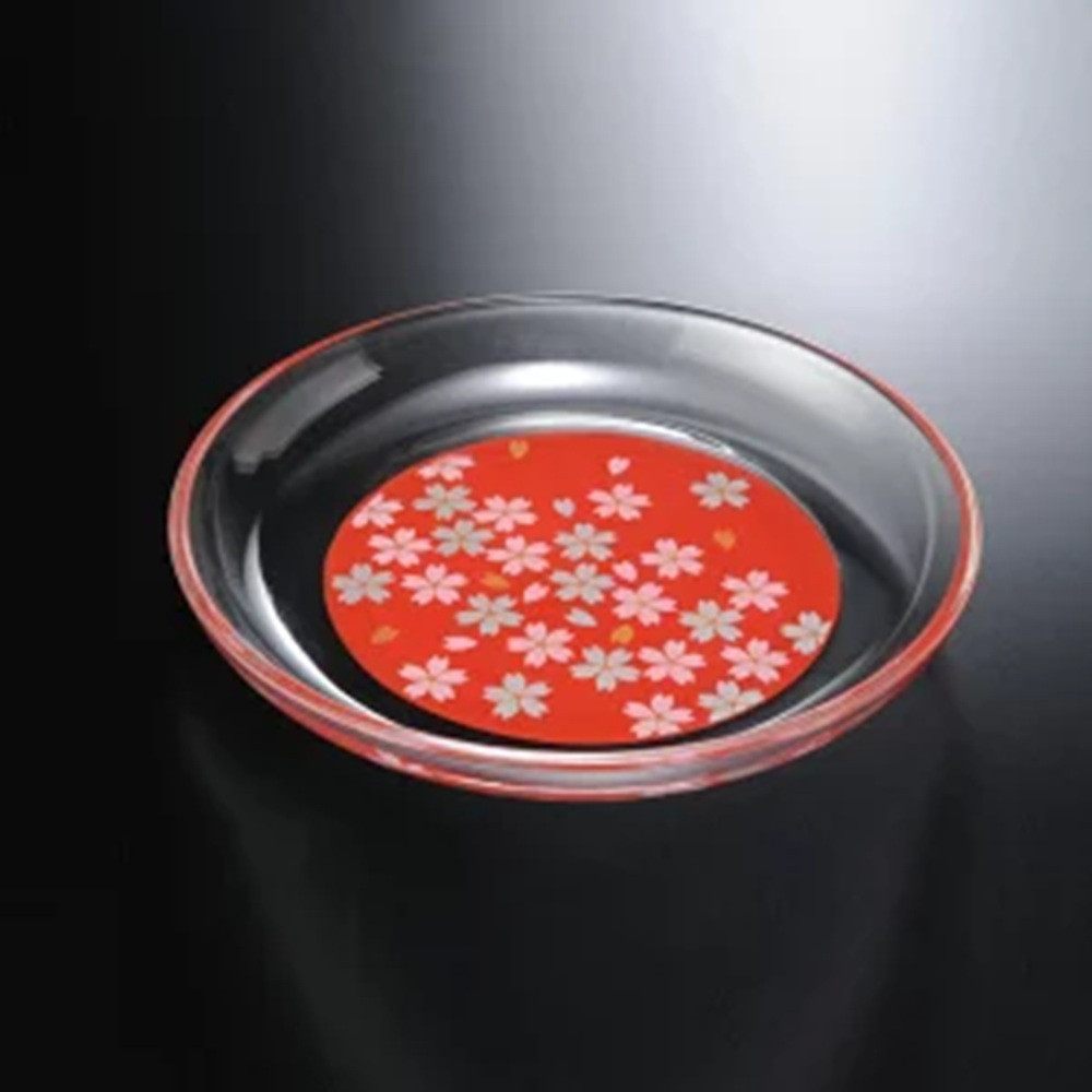 みよし漆器本舗&nbsp;紀州塗り&nbsp;ぬりもん&nbsp;de&nbsp;Verre&nbsp;丸小皿&nbsp;蒔絵&nbsp;桜&nbsp;赤&nbsp;直径14.8×2cm