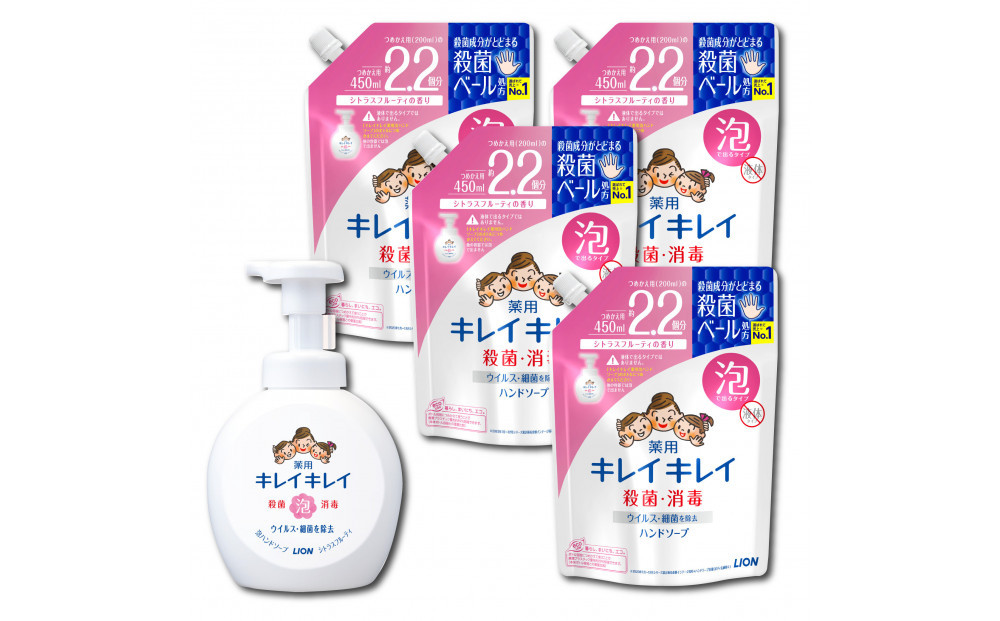 大型サイズ キレイキレイ Hセット（薬用泡ハンドソープ 本体500ml × 1本 & 詰替用 450ml × 4）【キレイキレイ きれいきれい 殺菌 予防 石鹸 人気 日用品 シトラスフルーティ 450ml 泡ハンドソープ 詰替え 薬用 大型】