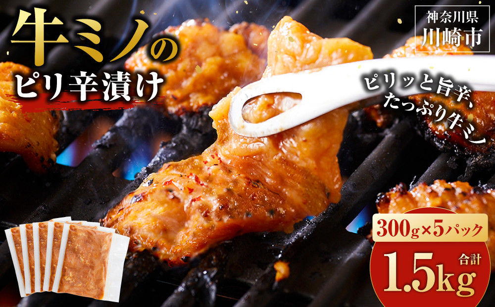 牛ミノ&nbsp;ピリ辛漬け&nbsp;1.5kg&nbsp;(&nbsp;300g&nbsp;×&nbsp;5パック&nbsp;)&nbsp;小分け&nbsp;個包装&nbsp;便利&nbsp;牛肉&nbsp;ホルモン&nbsp;ミノ&nbsp;焼肉&nbsp;焼き肉&nbsp;お肉&nbsp;肉&nbsp;焼くだけ&nbsp;冷凍&nbsp;たれ&nbsp;味付き&nbsp;BBQ&nbsp;アウトドア&nbsp;キャンプ&nbsp;人気&nbsp;おすすめ&nbsp;神奈川&nbsp;川崎【2026年10月発送】