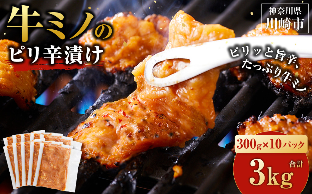 牛ミノ&nbsp;ピリ辛漬け&nbsp;3kg&nbsp;(&nbsp;300g&nbsp;×&nbsp;10パック&nbsp;)&nbsp;小分け&nbsp;個包装&nbsp;便利&nbsp;牛肉&nbsp;ホルモン&nbsp;ミノ&nbsp;焼肉&nbsp;焼き肉&nbsp;お肉&nbsp;肉&nbsp;焼くだけ&nbsp;冷凍&nbsp;たれ&nbsp;味付き&nbsp;BBQ&nbsp;アウトドア&nbsp;キャンプ&nbsp;人気&nbsp;おすすめ&nbsp;神奈川&nbsp;川崎【2026年9月発送】
