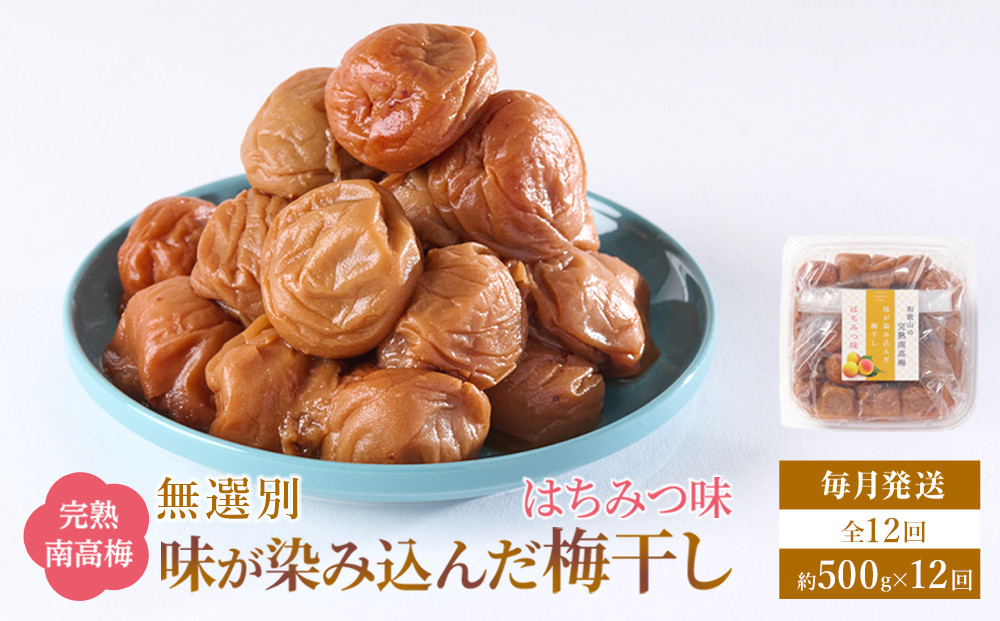 無選別&nbsp;和歌山の完熟南高梅&nbsp;味が染み込んだ梅干し&nbsp;はちみつ味&nbsp;500g&nbsp;塩分10％&nbsp;[定期便&nbsp;毎月発送・全12回]