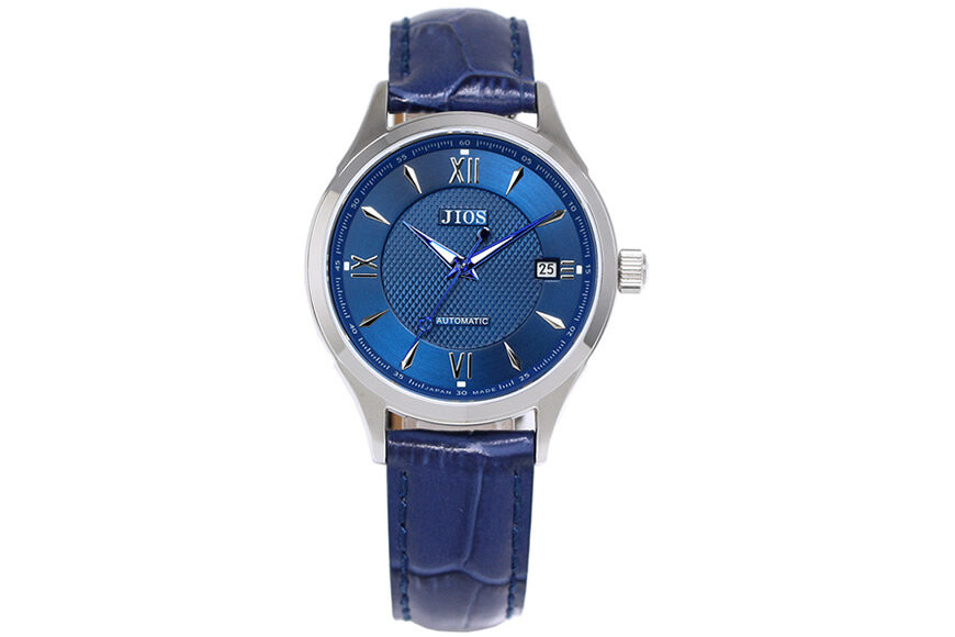 JIOS SEIRAN 日本製 自動巻き腕時計 メンズ 男性用 革ベルト ブランド ドレスウォッチ ジオス ブルー文字盤 × 青針 クロコ型押しベルト（青）