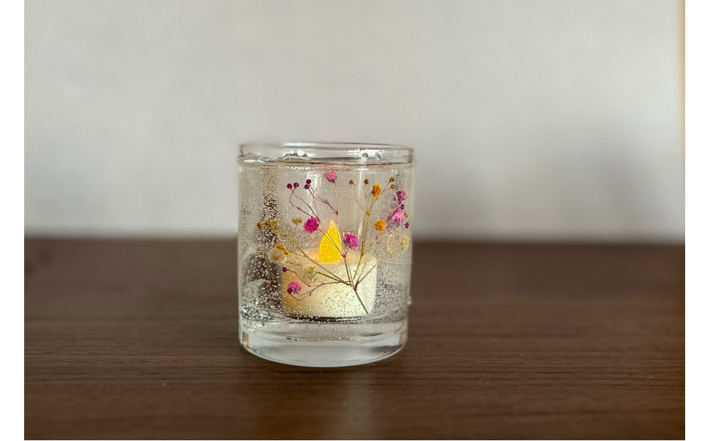 ロスフラワーで作る、かすみ草のキャンドルホルダー　【ピンク＆イエロー】