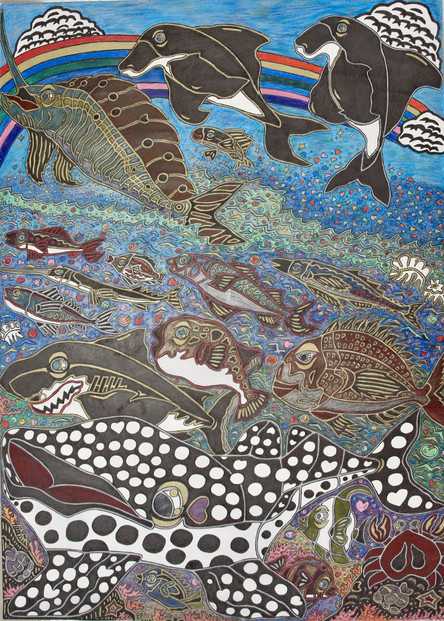 海の楽園｜三宅剛 ペン画アート作品　【原画／海・イルカ・クジラ・虹】