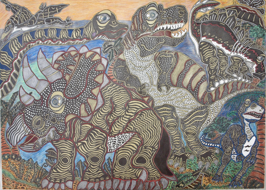 恐竜軍団｜三宅剛 ペン画アート作品　【原画／ティラノサウルス・トリケラトプス】