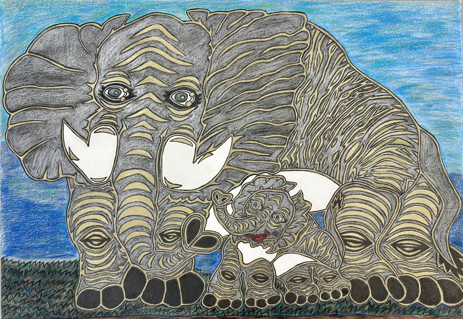 絆（きずな）｜三宅剛 ペン画アート　【原画／親子の象・優しさと生命のつながり】