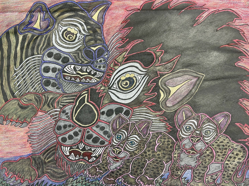 トラとライオンの親子｜三宅剛 ペン画アート　【原画／野生動物・家族愛】