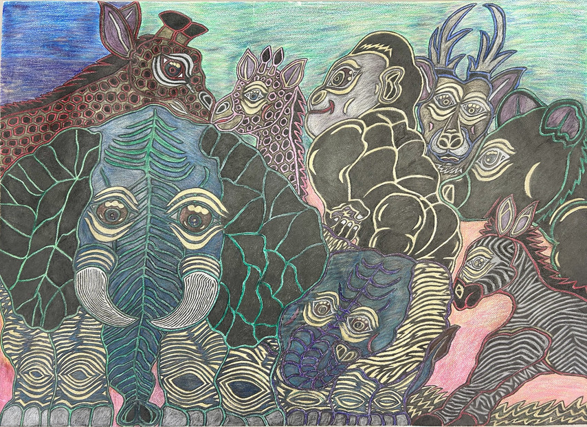 動物の仲間たち｜三宅剛 ペン画アート　【原画／ゾウ・キリン・ゴリラ・多様な命の共生】