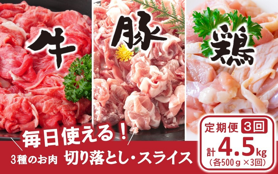 【定期便/3ヶ月連続】毎日の献立に！おおいたの牛・豚・鶏をセットでお届け（計4.5kg）&nbsp;切り落とし&nbsp;切落し&nbsp;スライス_2574R-1