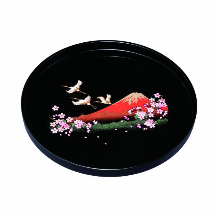 丸盆&nbsp;30cm&nbsp;黒&nbsp;一富士二鶴三桜&nbsp;［YG463］