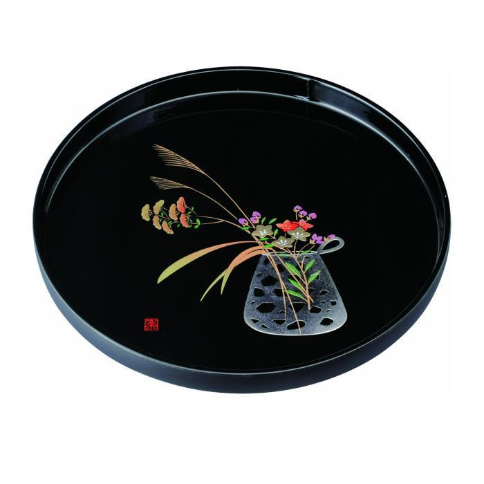 丸盆&nbsp;30cm&nbsp;黒&nbsp;盛絵花かご&nbsp;［YG465］