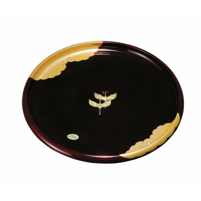 紀州塗り&nbsp;丸盆&nbsp;金雲昇鶴&nbsp;溜塗り&nbsp;24cm&nbsp;［YG451］