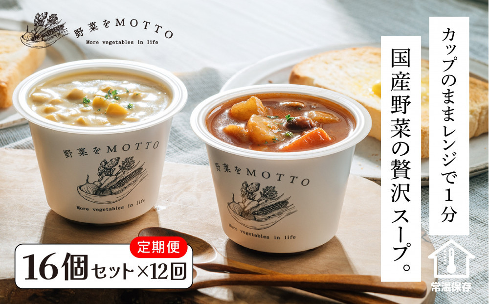【定期便 全12回】レンジで1分 野菜をMOTTO スープ 16個 セット レトルト インスタント 国産 ダイエット ベジMOTTOスープ  具だくさん 時短 手軽