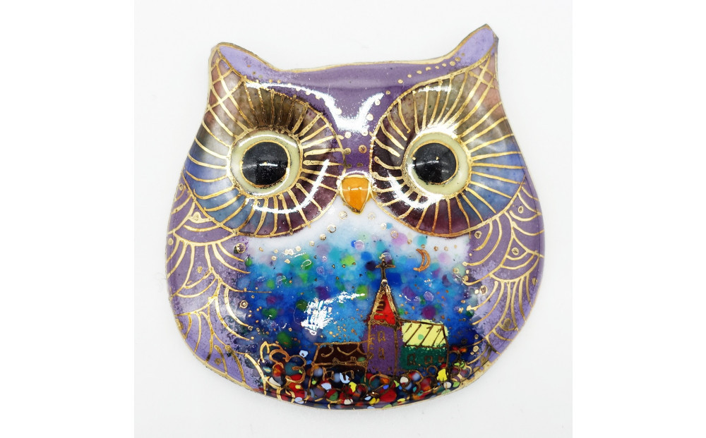 金彩無線七宝焼の大きなふくろうブローチ